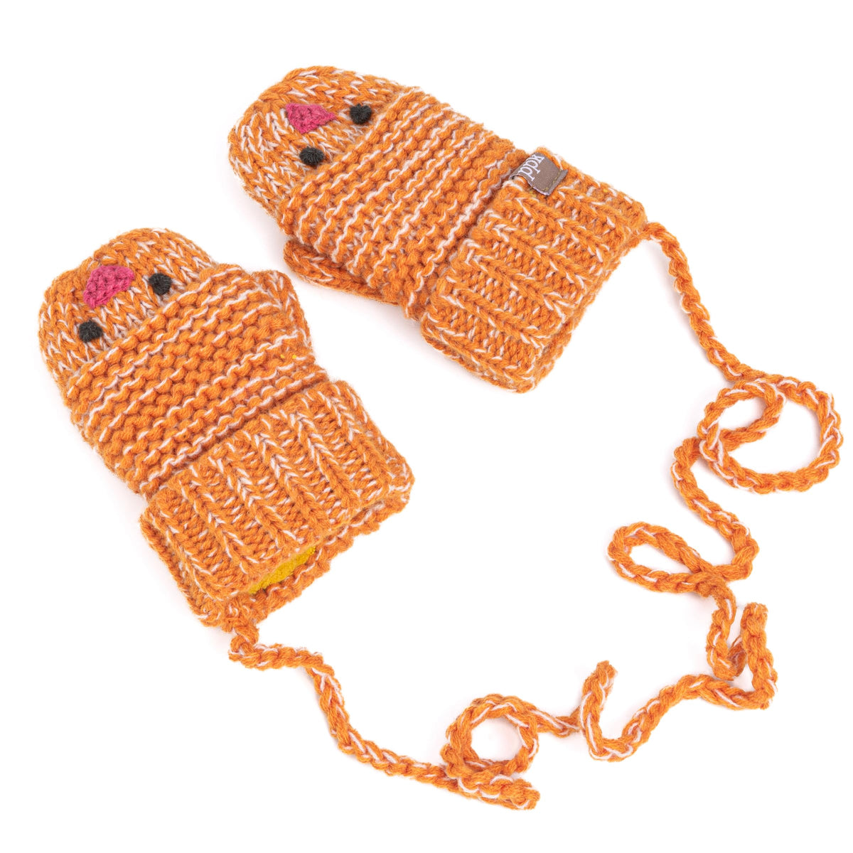 Rusty orange knitted chick mittens with folded cuffs and connecting cord
