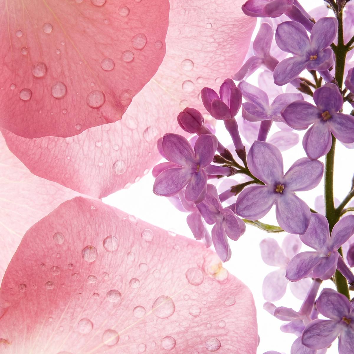 Rose and lilac blossoms with water-drop floral detail
