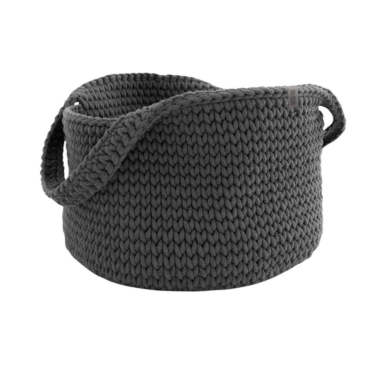 Round knit storage basket with handles, charcoal dark gray