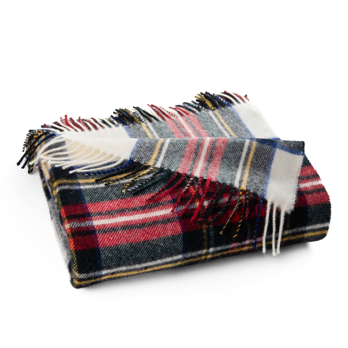 Tartan wool throw blanket rolled and fringed, featuring red, navy, and cream grid checks