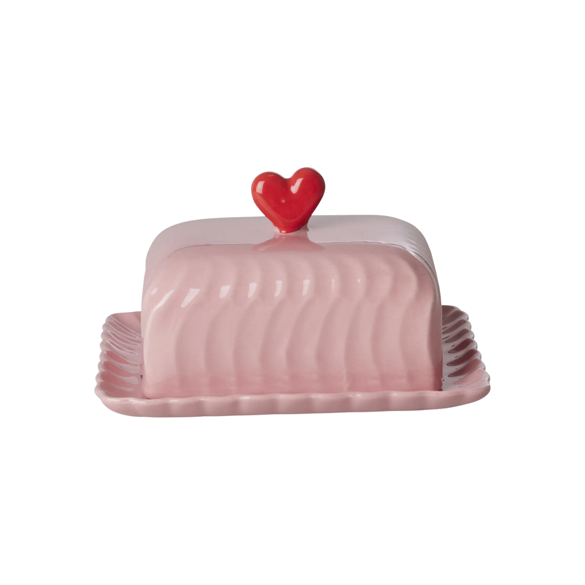 Pink ceramic butter dish lid with red heart knob and scalloped base edges
