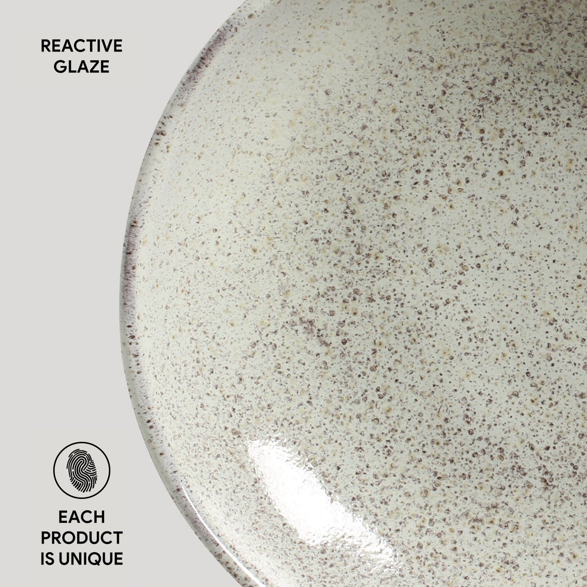 Close-up of light speckled pasta plate surface with reactive glaze and glossy spot.