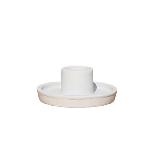 White ceramic candle holder with round tray and raised center cup
