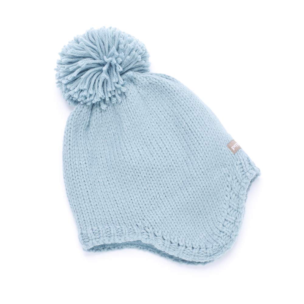 Toddler girls knit winter hat with pompom, light blue cuffed beanie