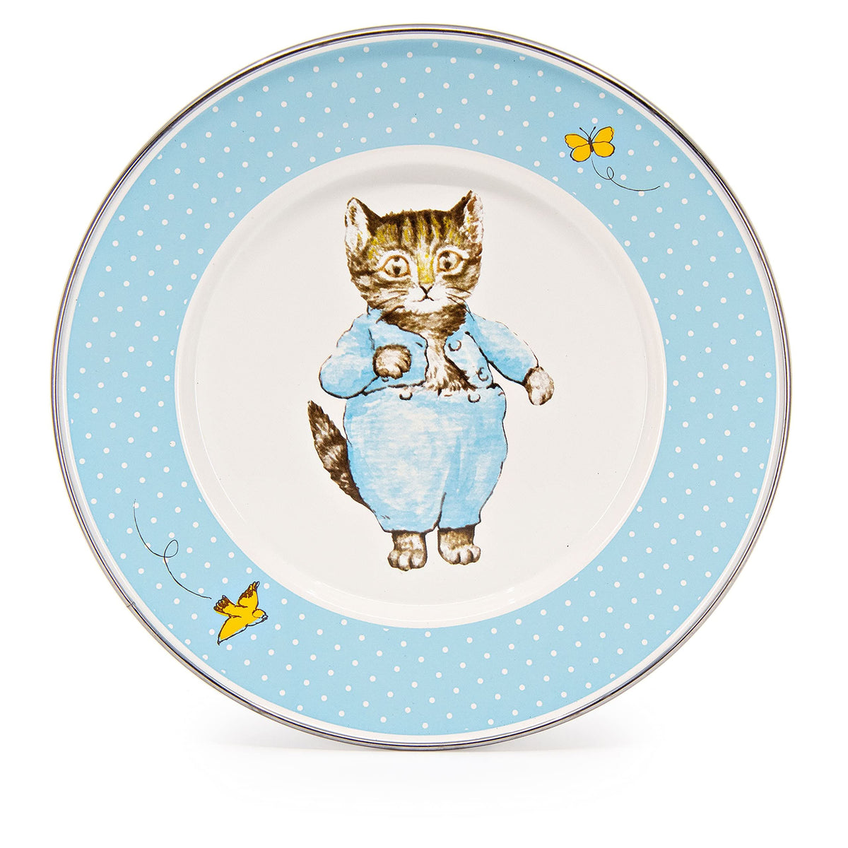 Blue dotted enamel child dinner plate with kitten in a light-blue dress illustration.