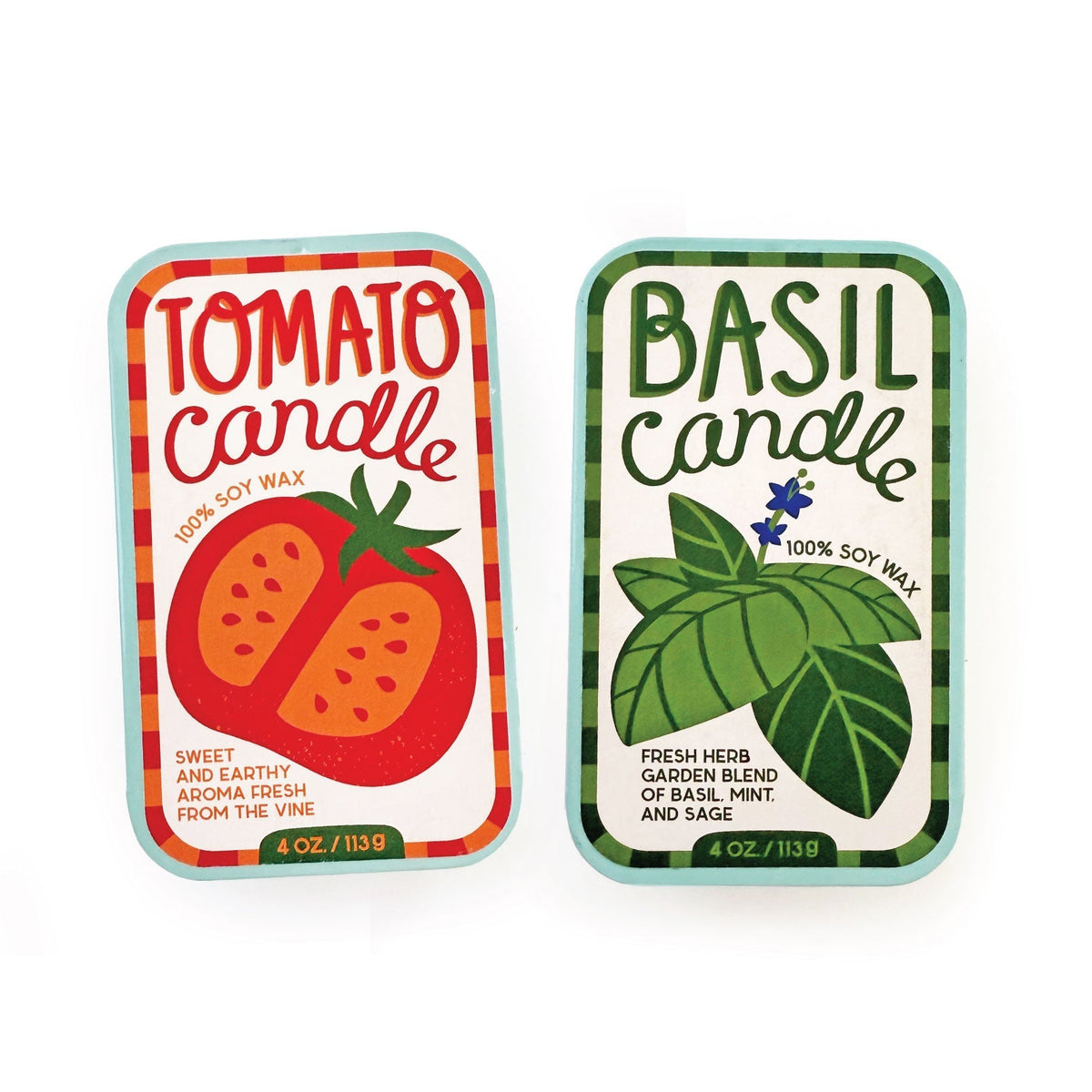 Tomato-scent soy candle tin with red tomato label and green outer border.