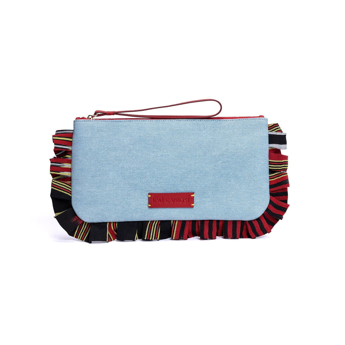 Light blue denim clutch with front patch detail, fringed striped trim, and red zipper