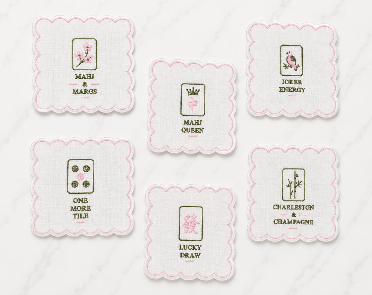 Set of 6 embroidered cocktail napkins, pink scalloped border with various mahjong sayings
