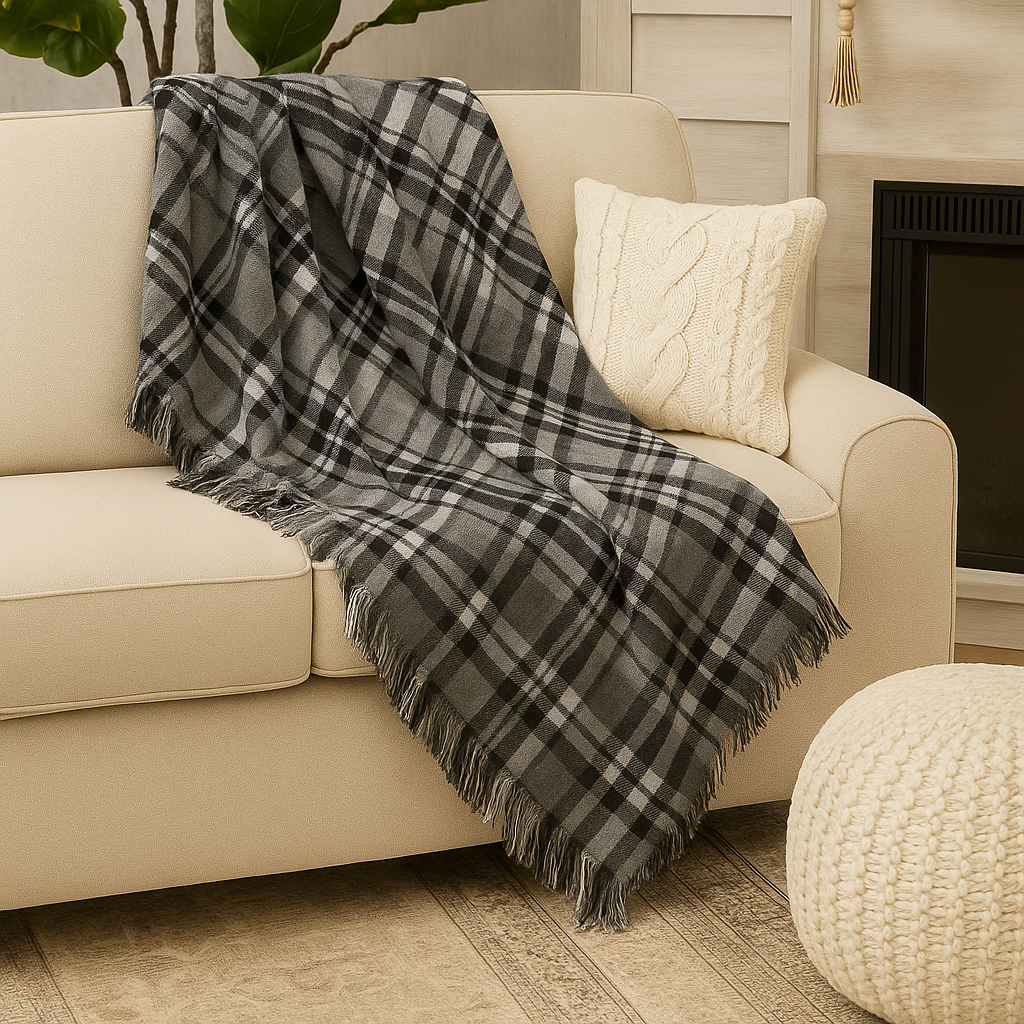 Plaid tassel throw blanket in black, white, and gray, draped with fringe edges
