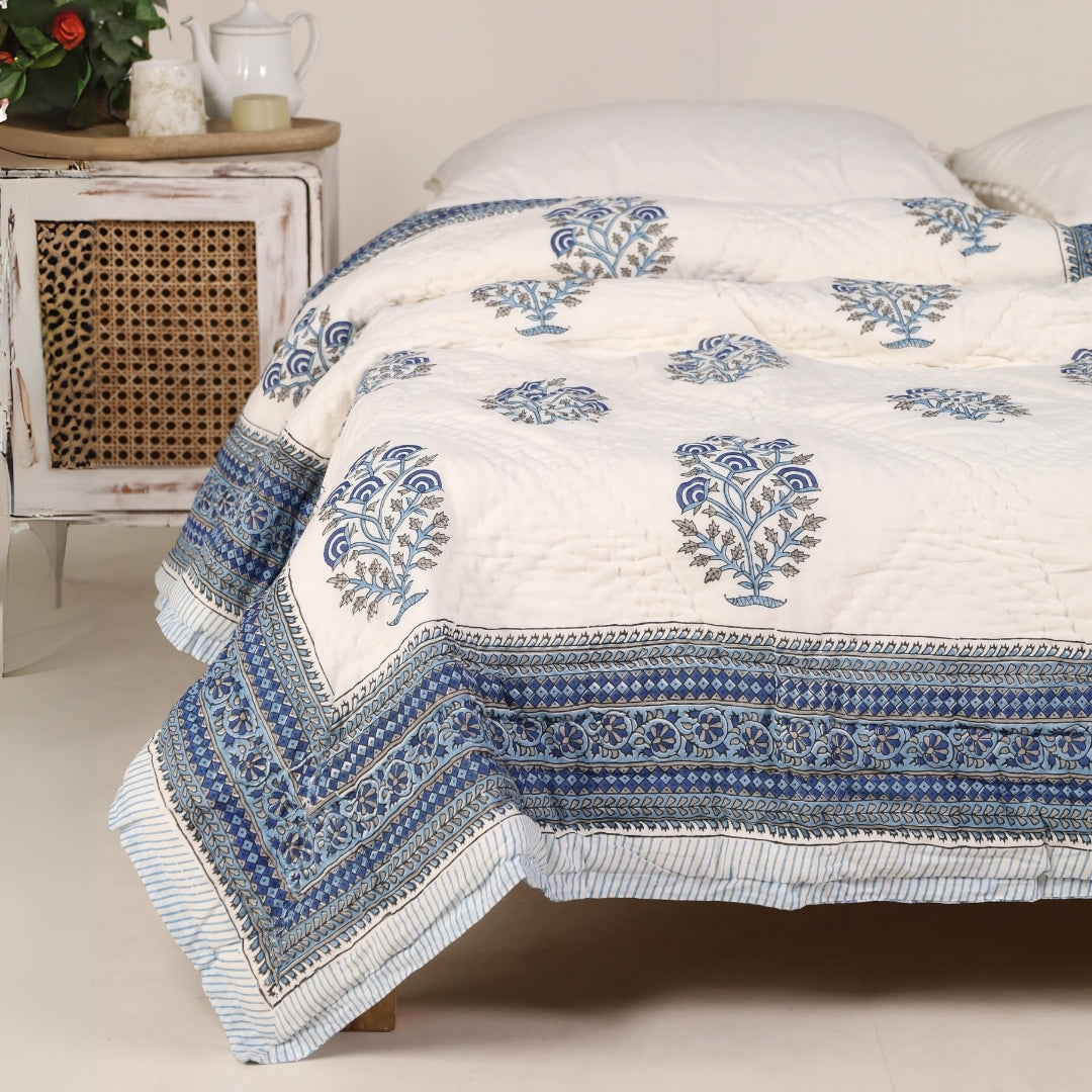 Reversible quilt on bed with white base and blue floral medallions and stripe trim