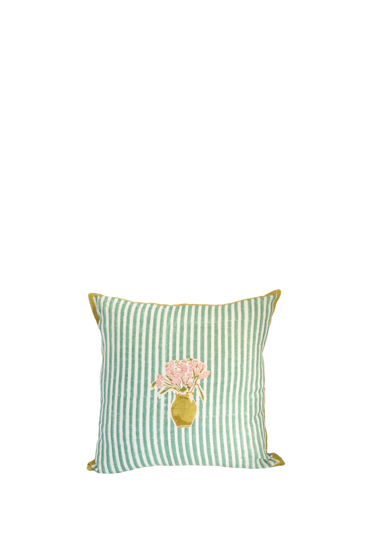 Front view of green striped decorative pillow with floral bouquet applique and yellow trim