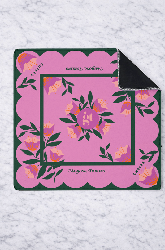Square mahjong mat, pink floral print, dark green border, scalloped edges, 33x33