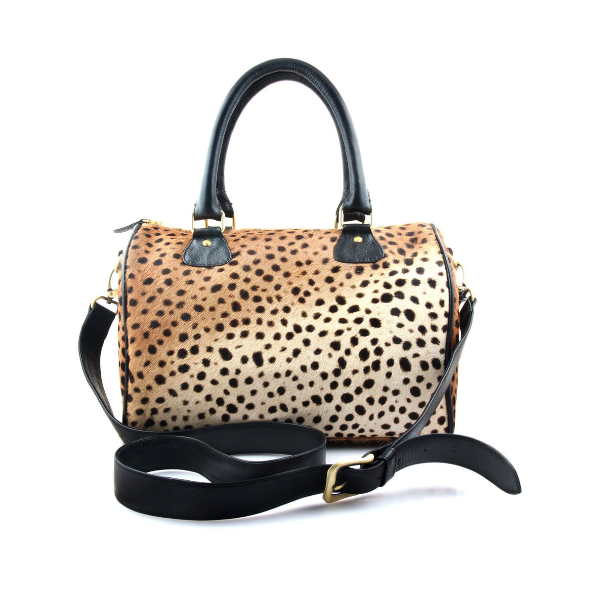 Leopard-print leather barrel bag with black top handles and shoulder strap