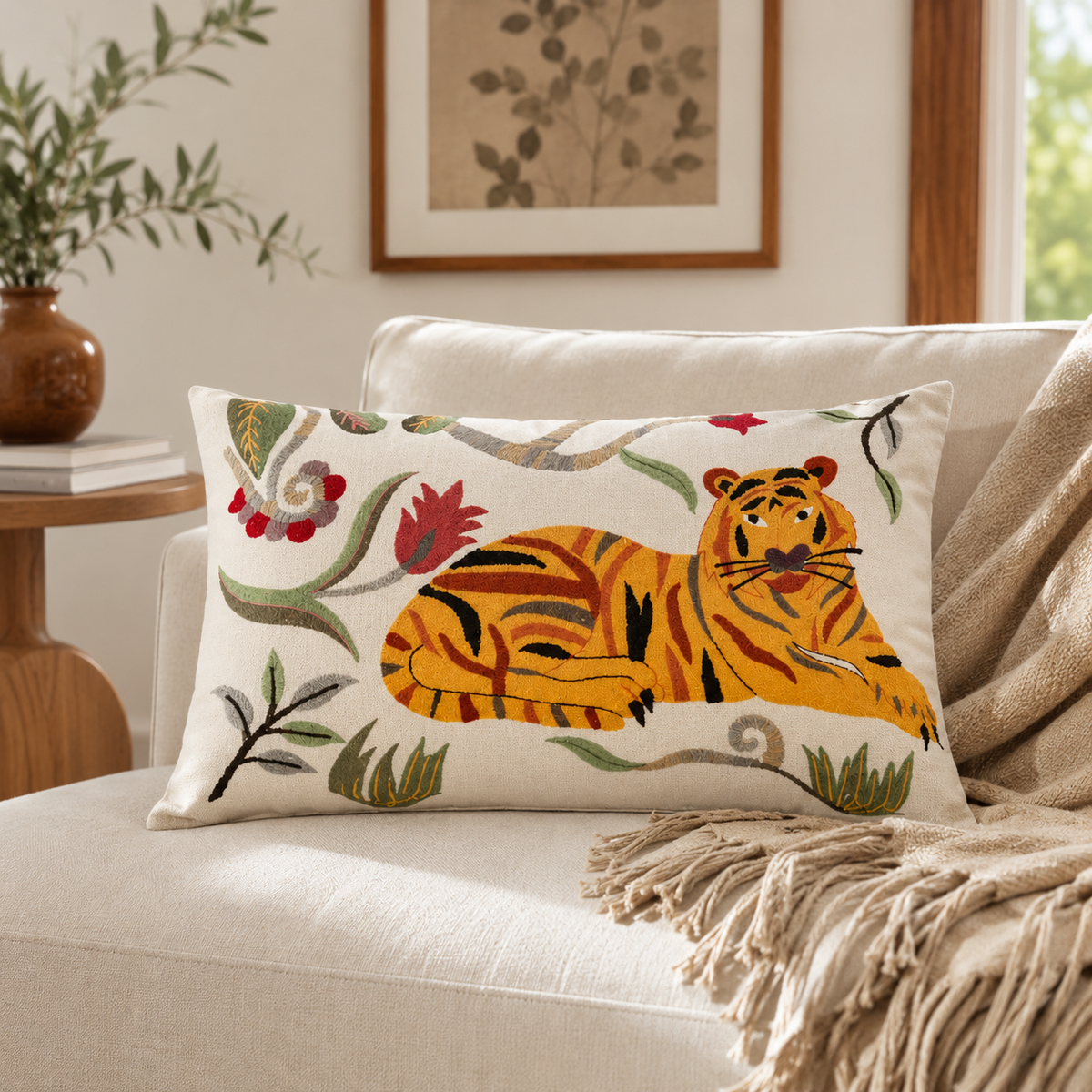 Rectangular white cotton pillow with tiger artwork and red flower vine details