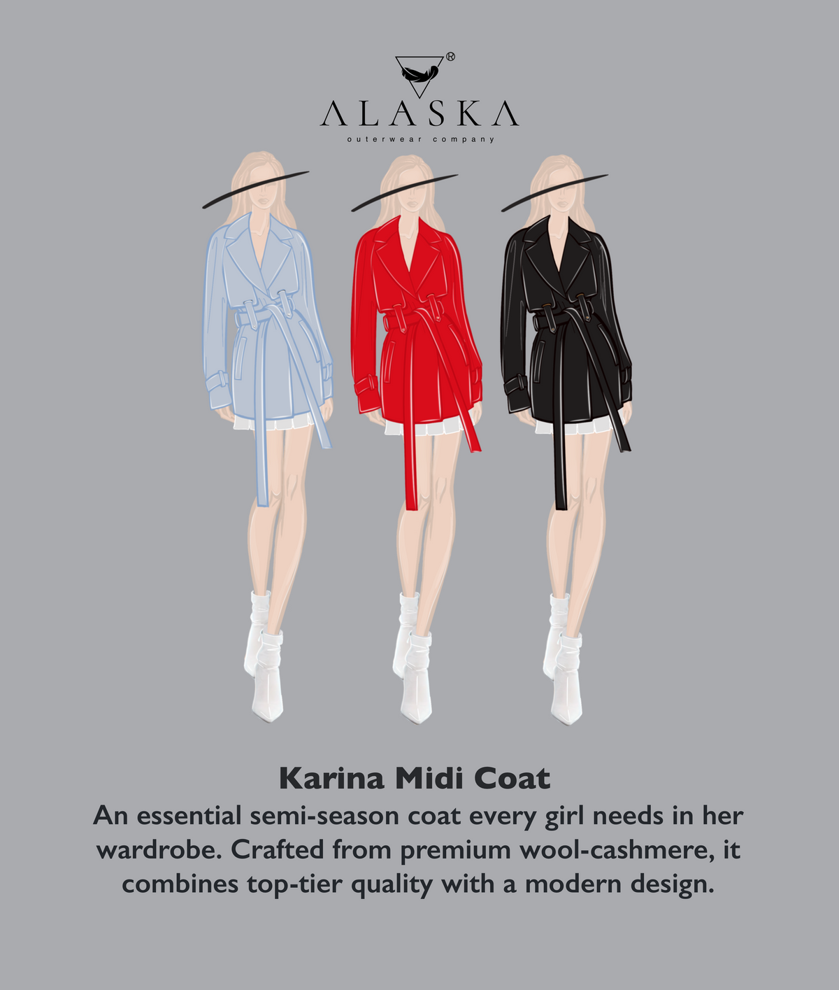 Karina midi coat design shown in blue, red, and black, with a belted waist and wide lapels.