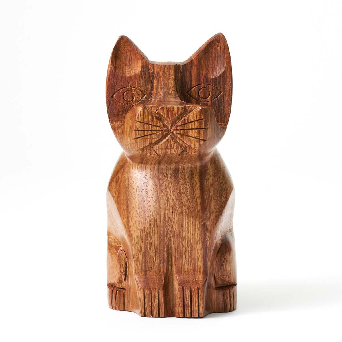 Hand-carved wooden cat eyeglass stand, full front view with carved whiskers