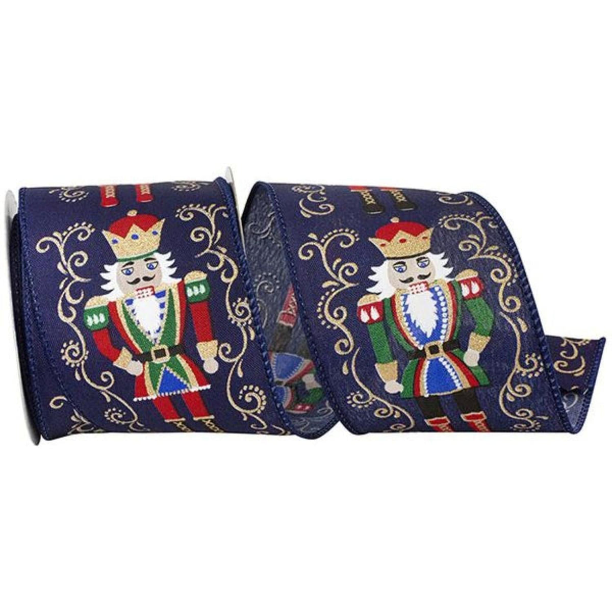 Blue printed ribbon with nutcracker figure and gold swirls, rolled view