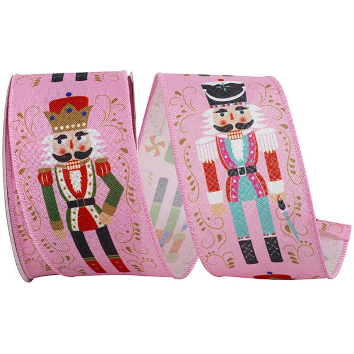 Pink fabric ribbon with nutcracker figures and ornate scroll border, coiled loops