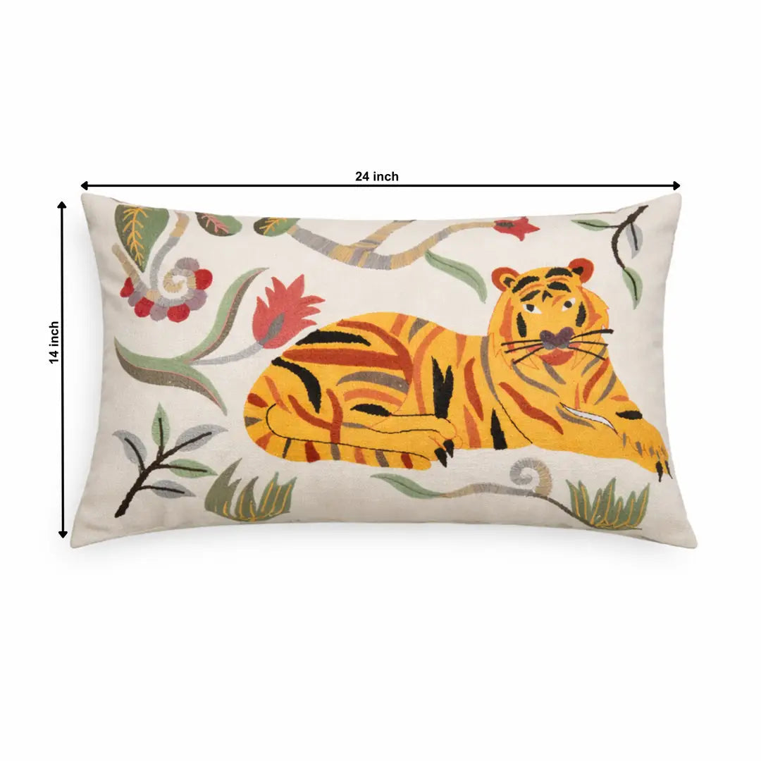24x14" rectangular cotton pillow with white tiger print and botanical floral accents
