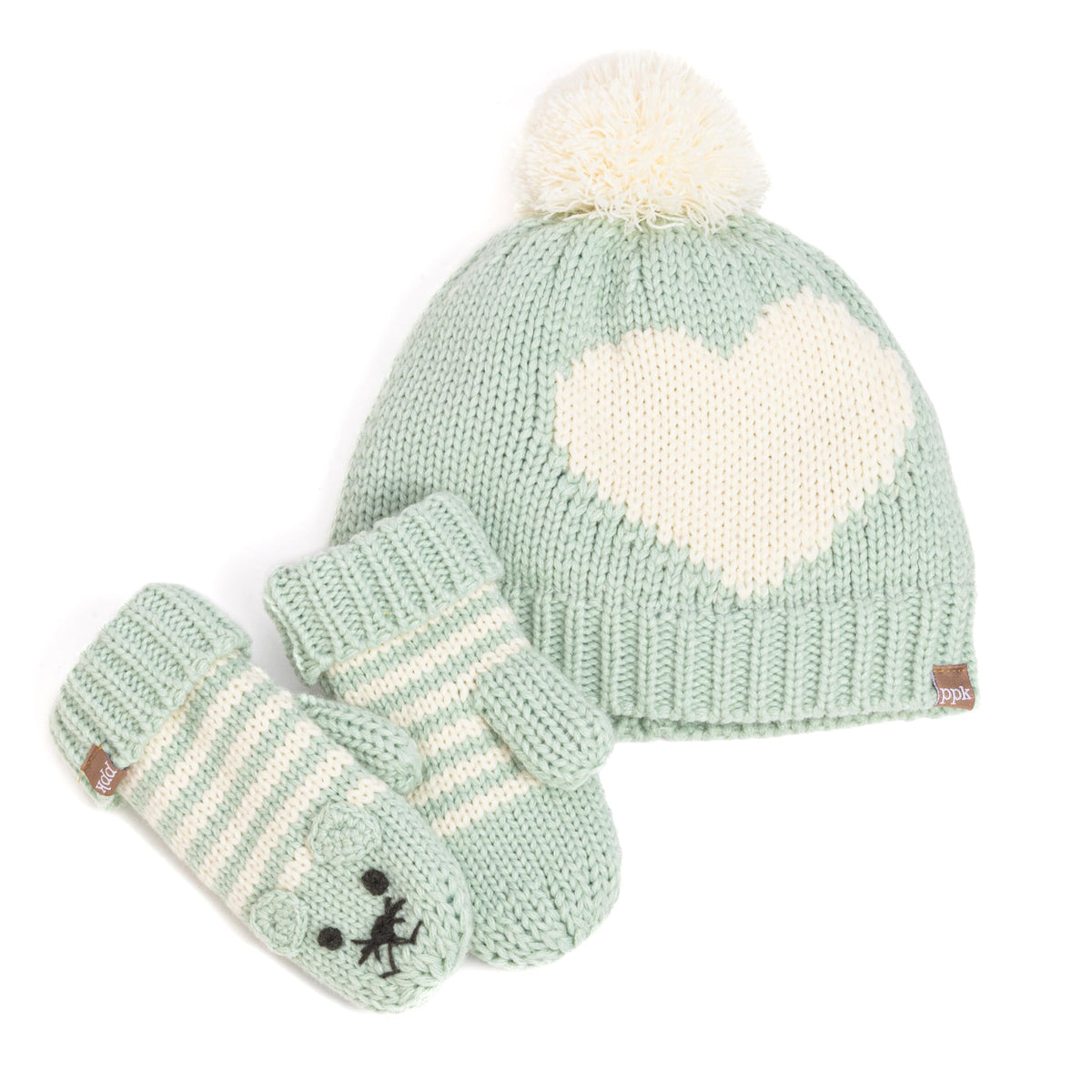 Mint green knitted winter hat and animal mittens set with heart motif and pom-pom