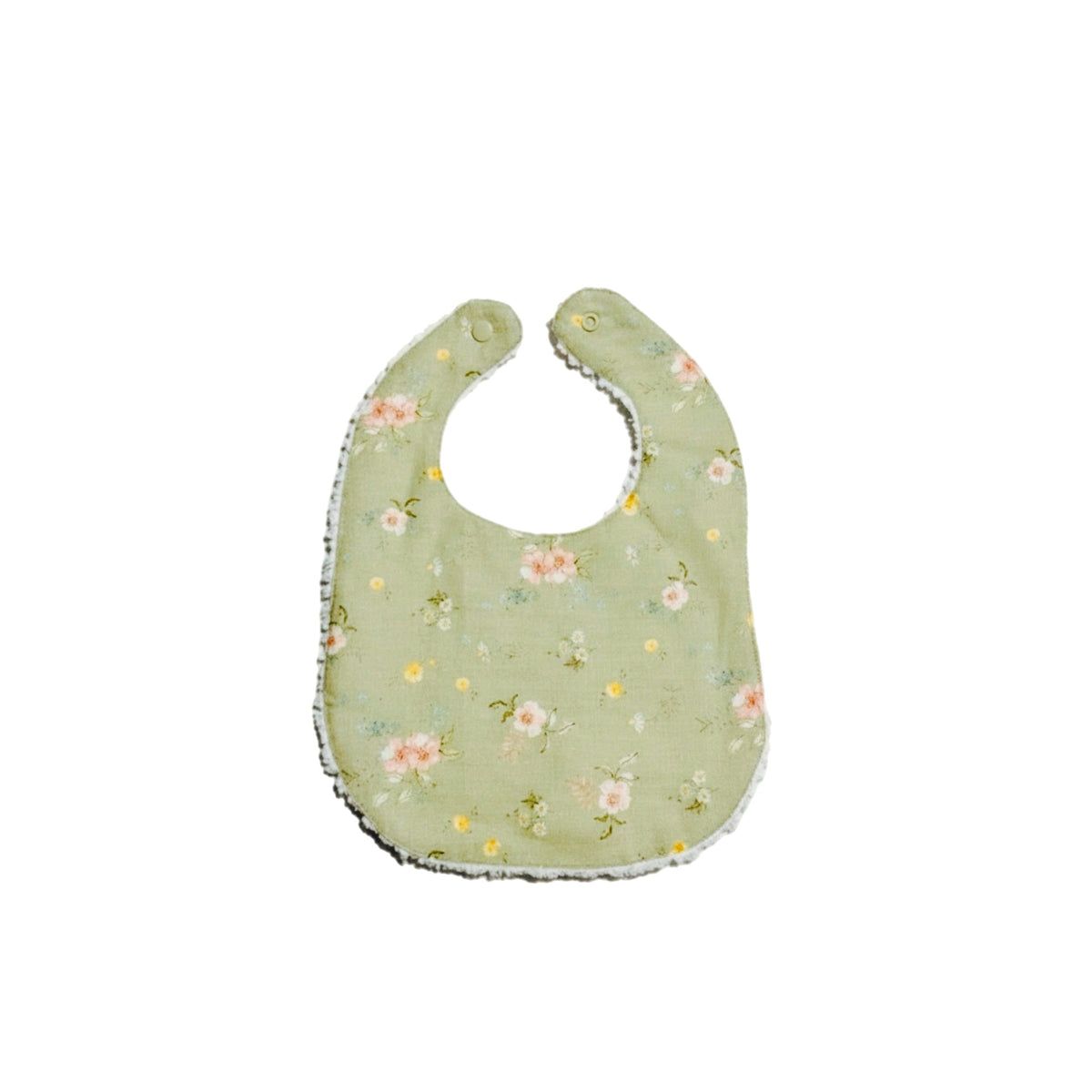 Infant linen bib in sage green with small floral print and stitched gray edge trim