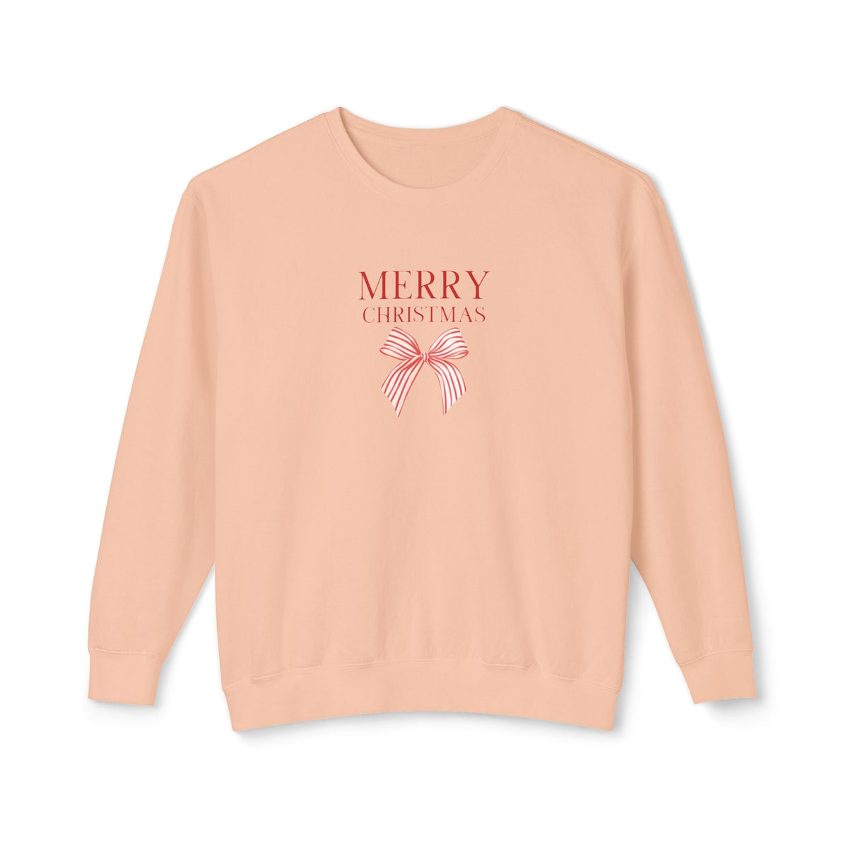 Ladies sweatshirt in peach with 'Merry Christmas' bow graphic