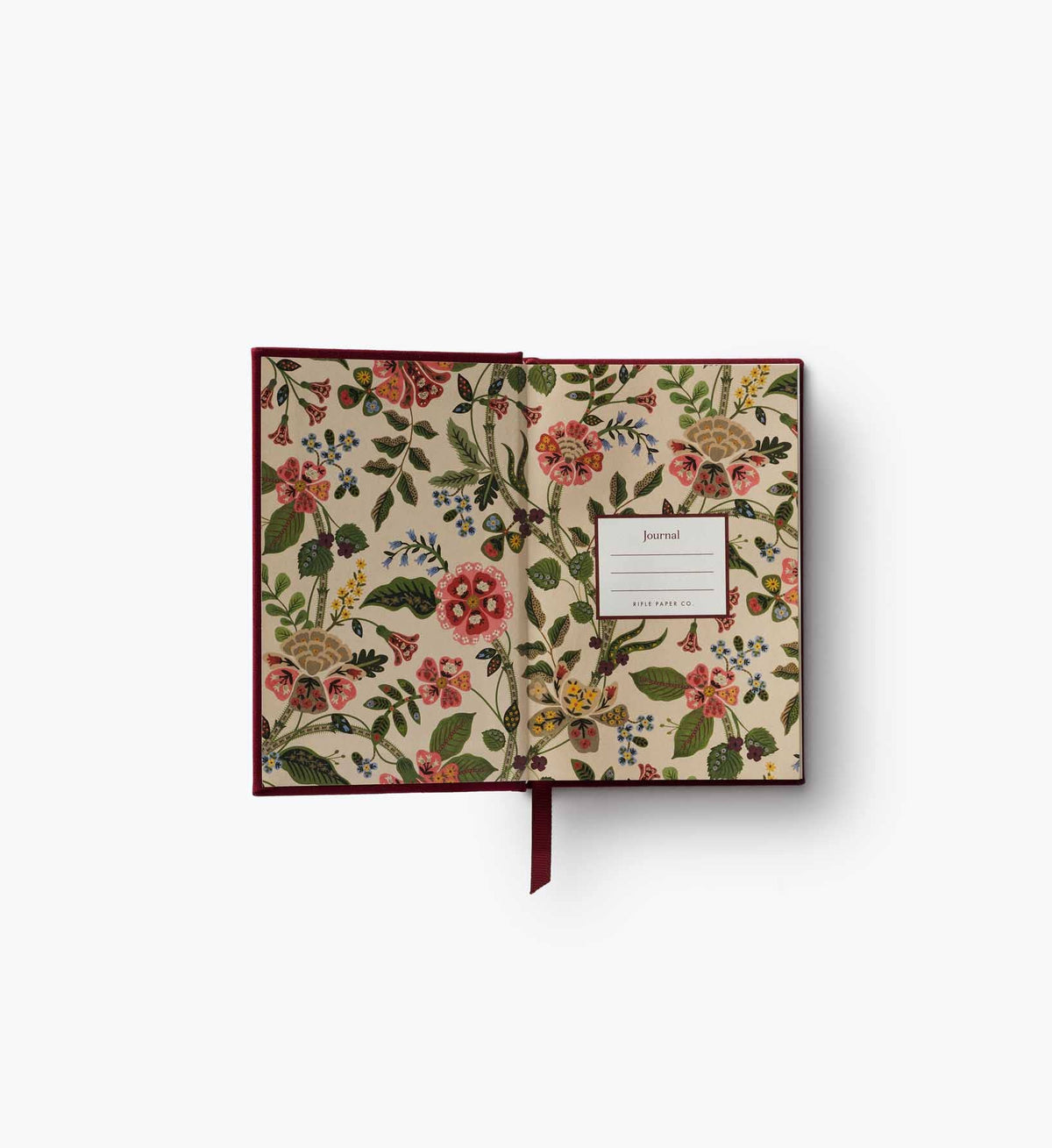 Mini embroidered journal, floral patterned back cover with center label and ribbon bookmark