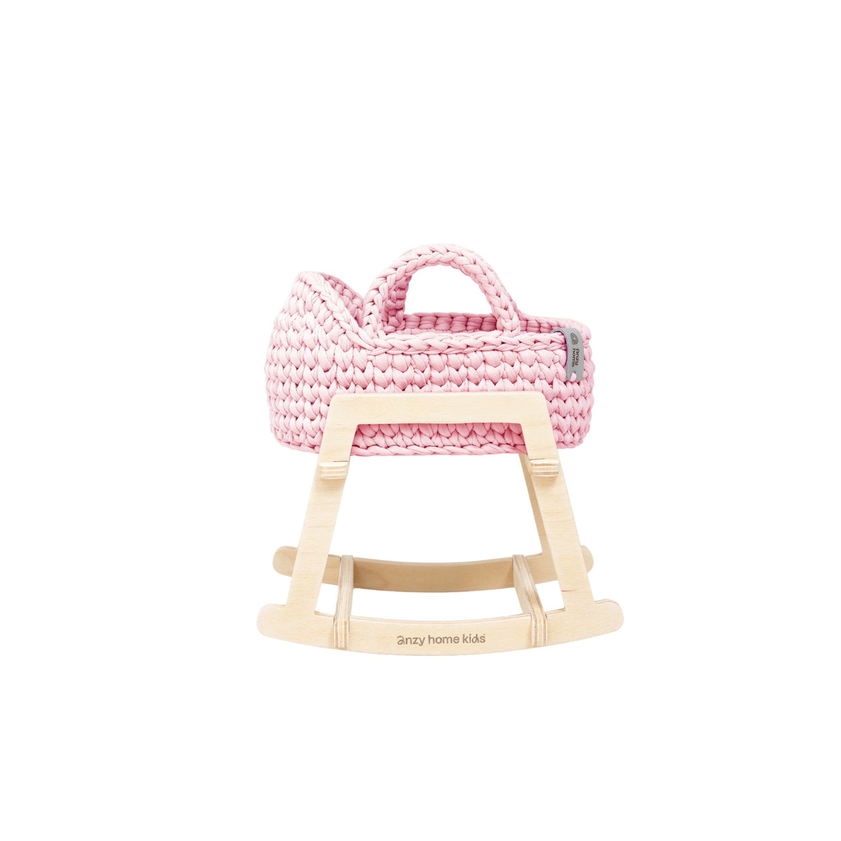Mini doll Moses basket with rocking stand, woven pink, arched carry handle