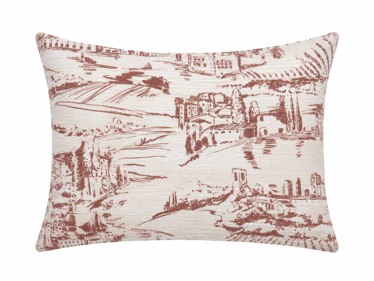 Pillowcase with a brown scenic toile print on white