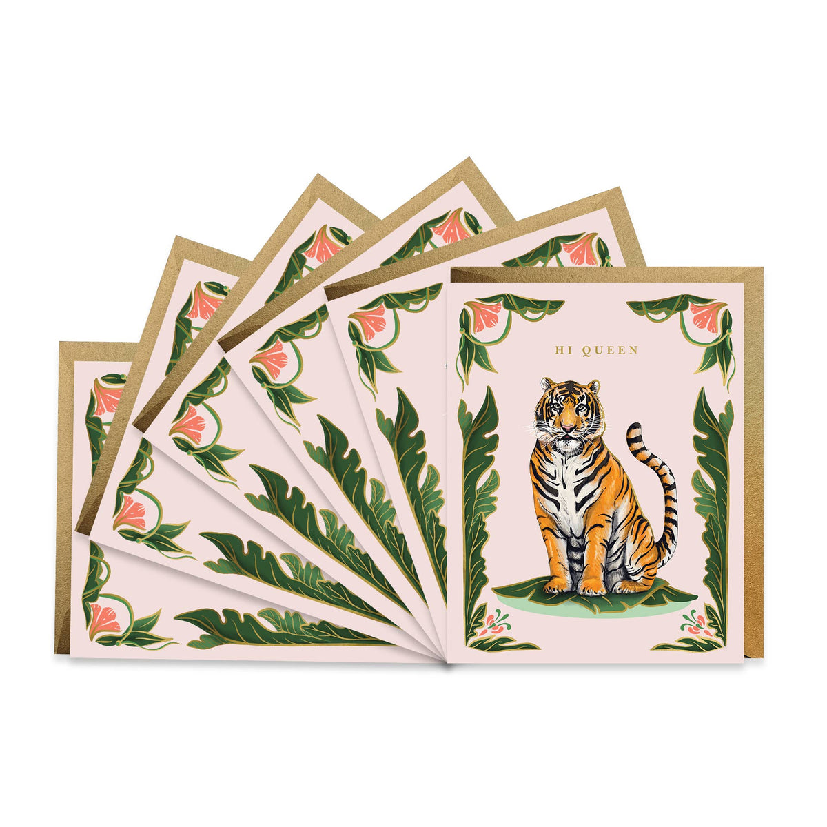 Set of 6 greeting cards with tiger illustration, tropical leaves, and floral border