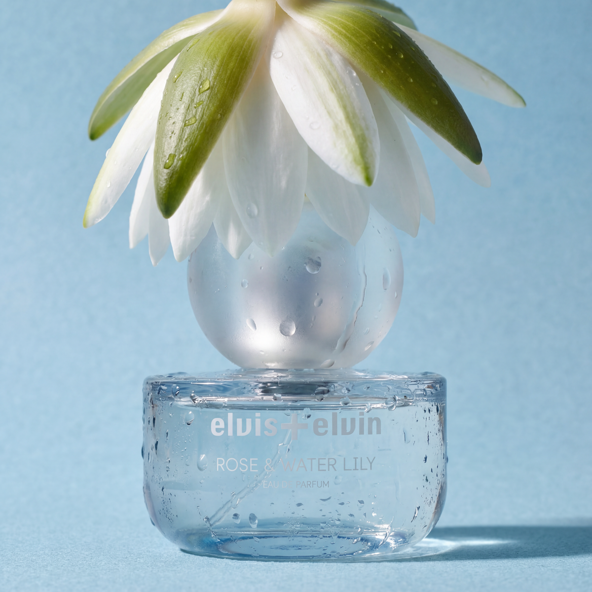 Rose & Water Lily eau de parfum bottle with snowdrop flowers and water droplets