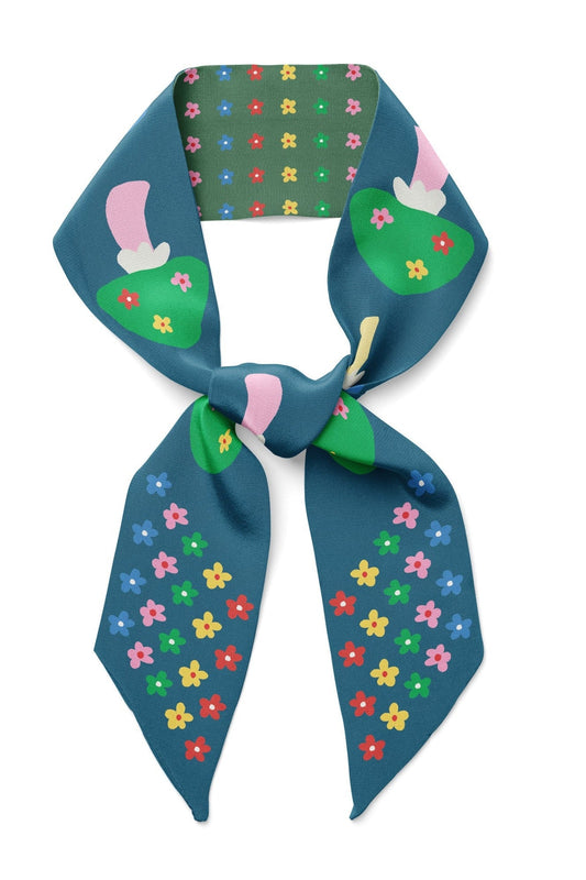 Teal floral mushroom twilly ribbon scarf with multicolor flower pattern