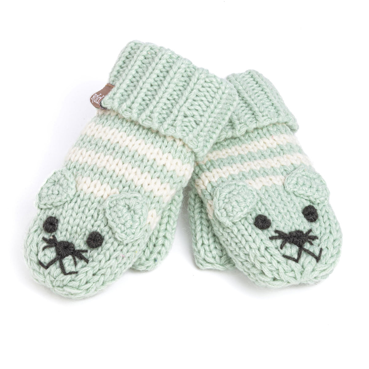 Pair of mint green knit mittens with animal faces and white stripes