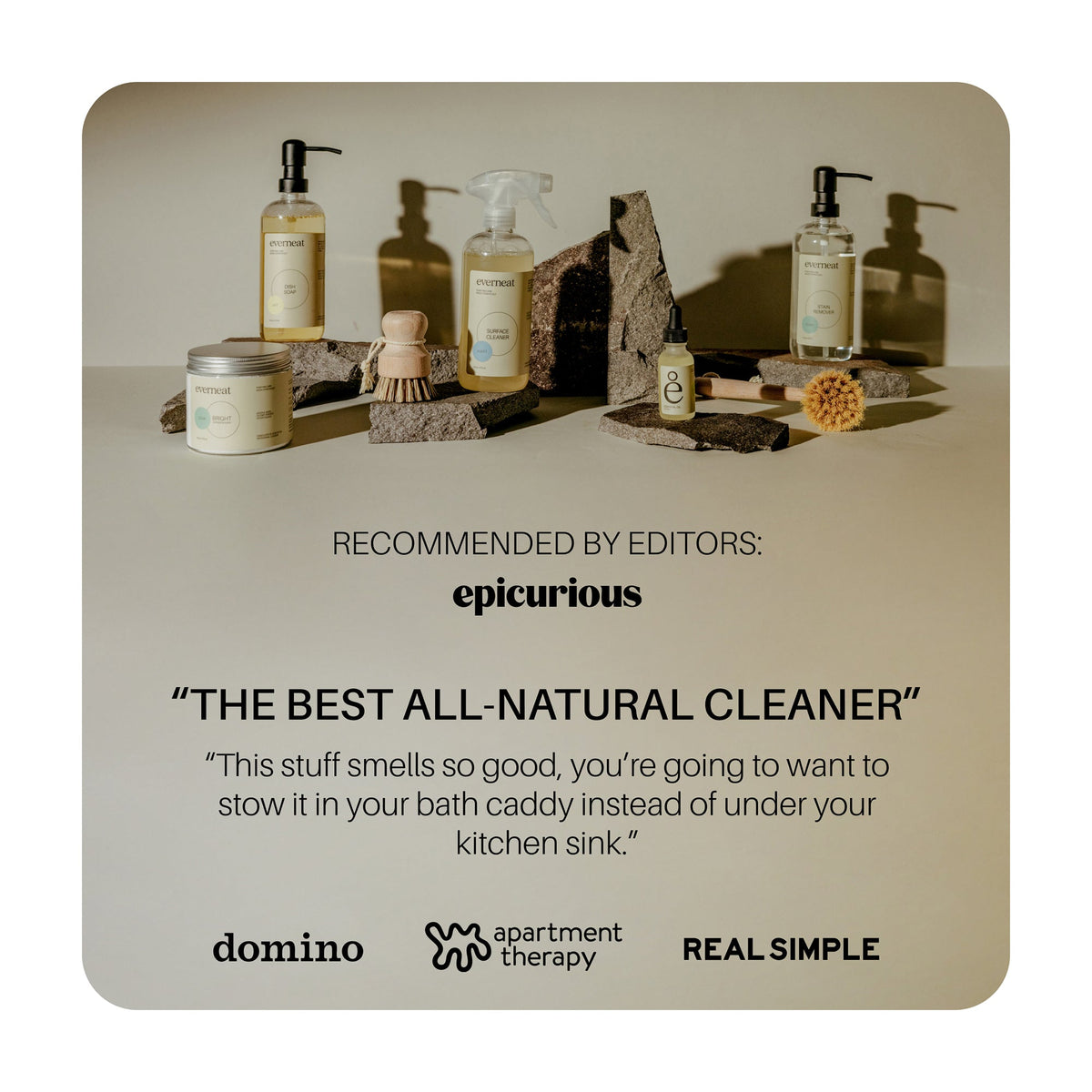 Kitchen care recommendation card with editor quotes and brand icons