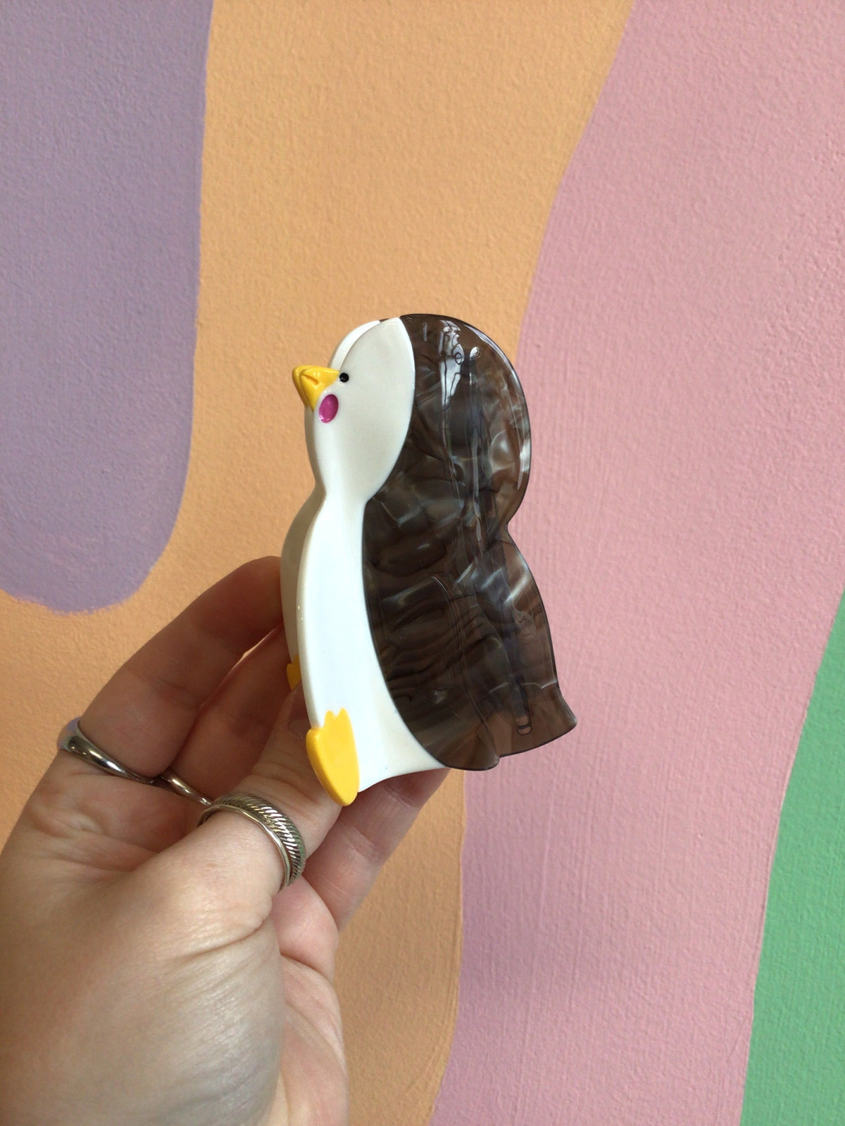 Penguin animal hair claw clip, white and brown body with yellow beak