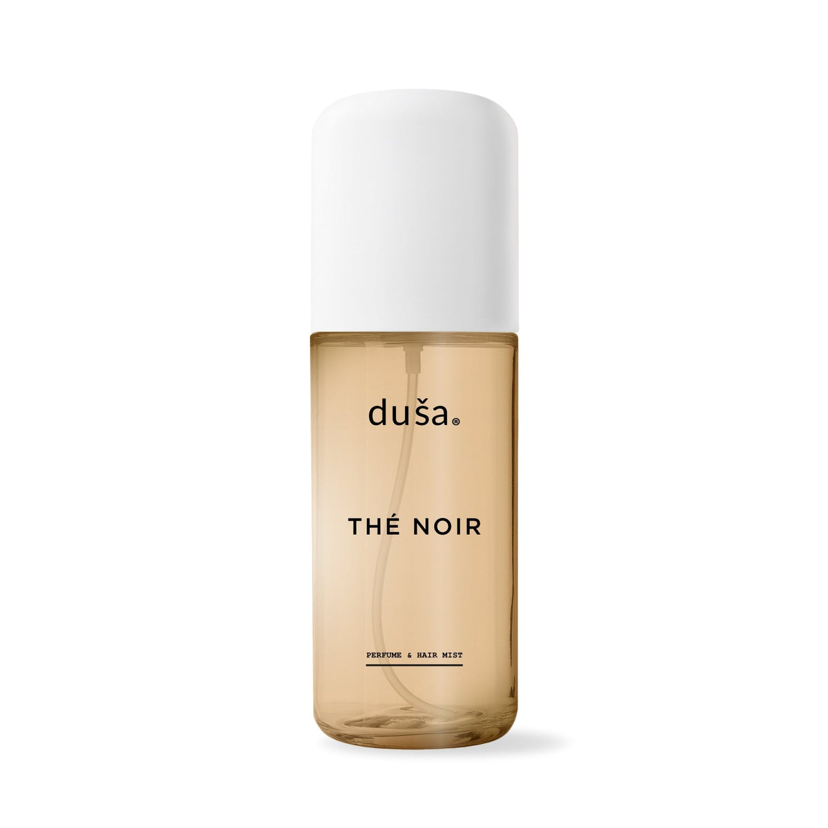duša. THÉ NOIR perfume mist for hair and body in amber spray bottle