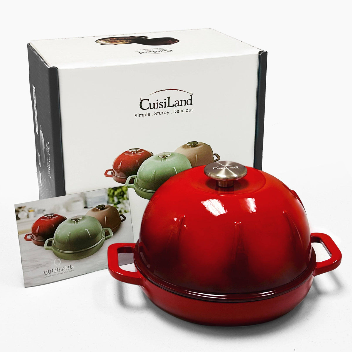 Red cast iron bread cloche with dome lid and side handles on base