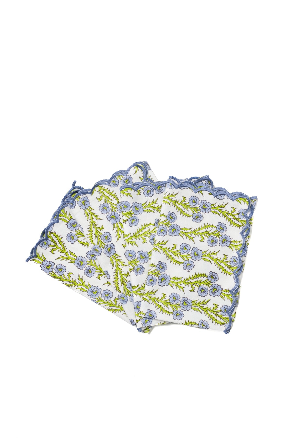 Scallop-edged embroidered blockprint napkins in blue and green floral print (set of 4)