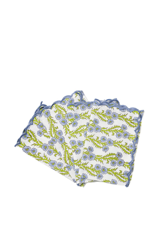 Scallop-edged embroidered blockprint napkins in blue and green floral print (set of 4)
