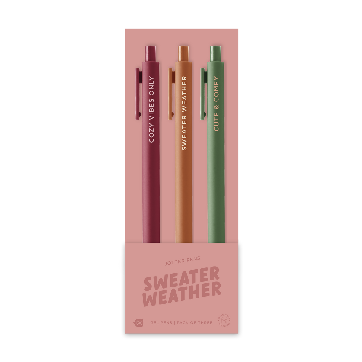 Three-pack of seasonal gel pens in burgundy, brown, and green.