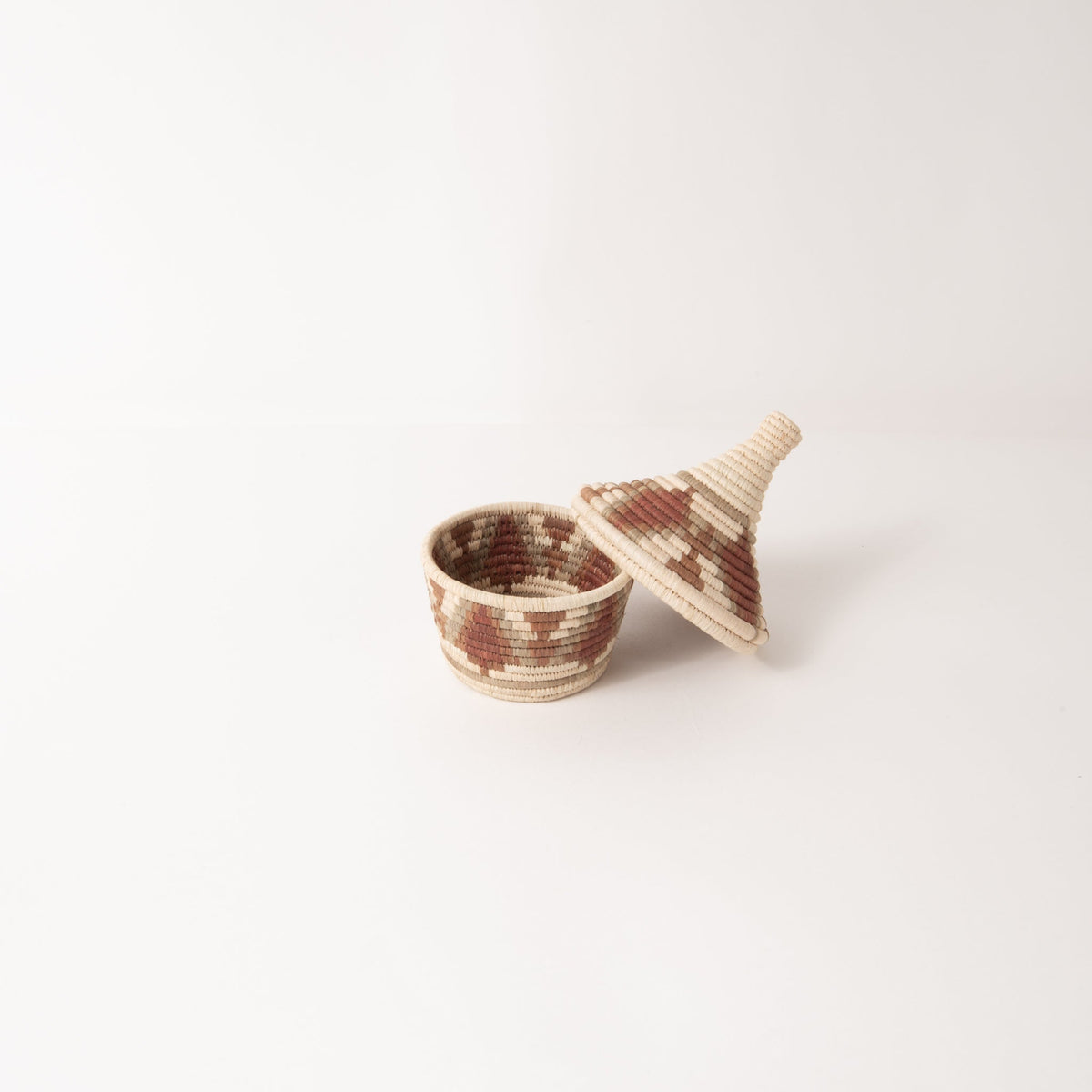 Small woven coffee basket with lid, striped pattern in neutral and brown shades