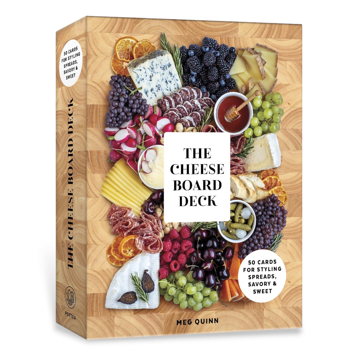 Cheese board deck box with illustrated fruit, cheese, and card design on wood background
