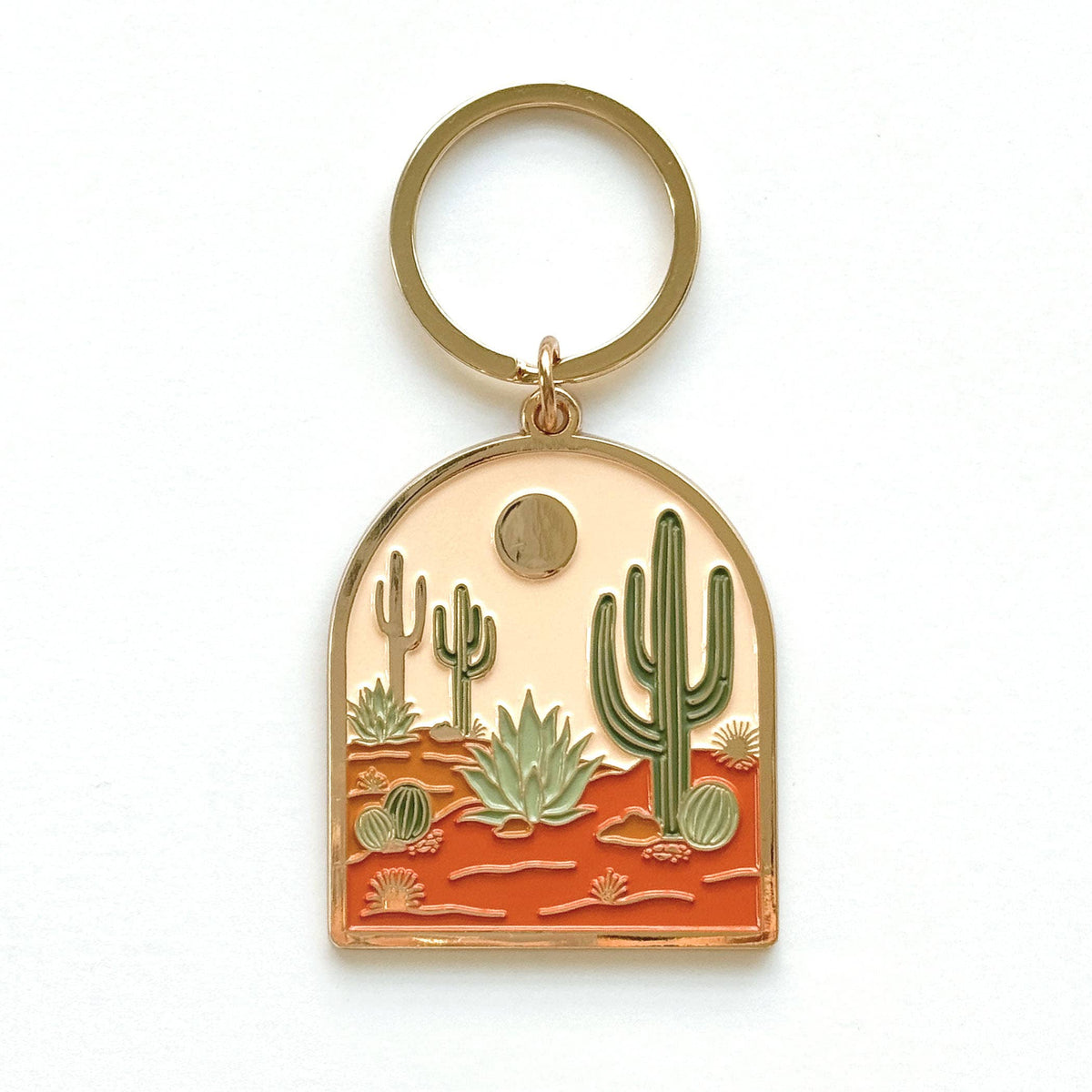 Enamel desert cactus keychain with gold ring, arched landscape charm