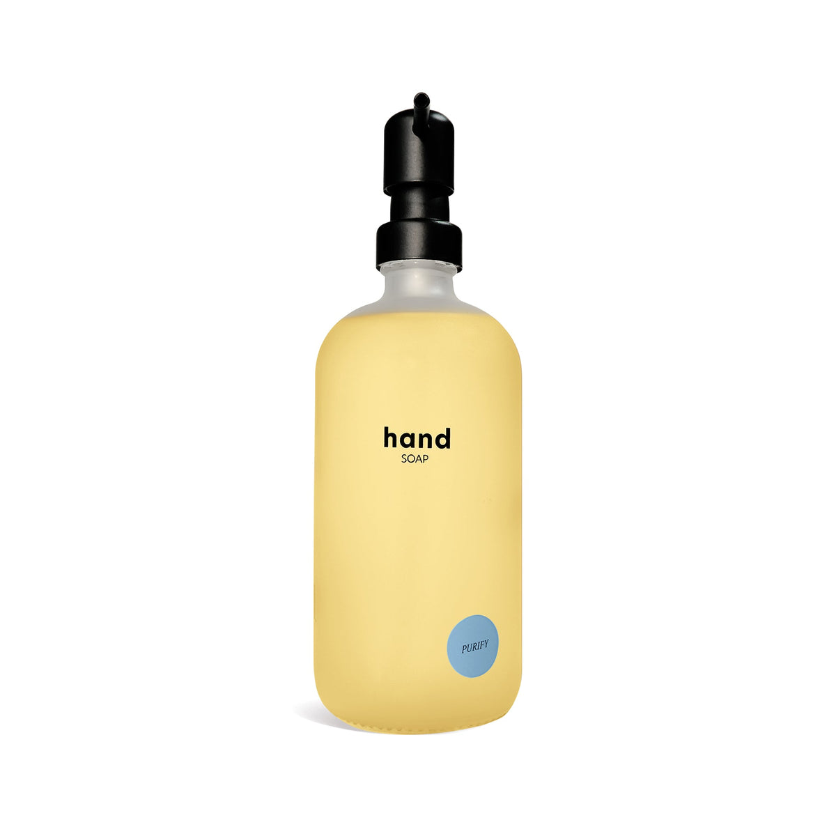 Hand soap pump bottle with black dispenser and pale yellow liquid