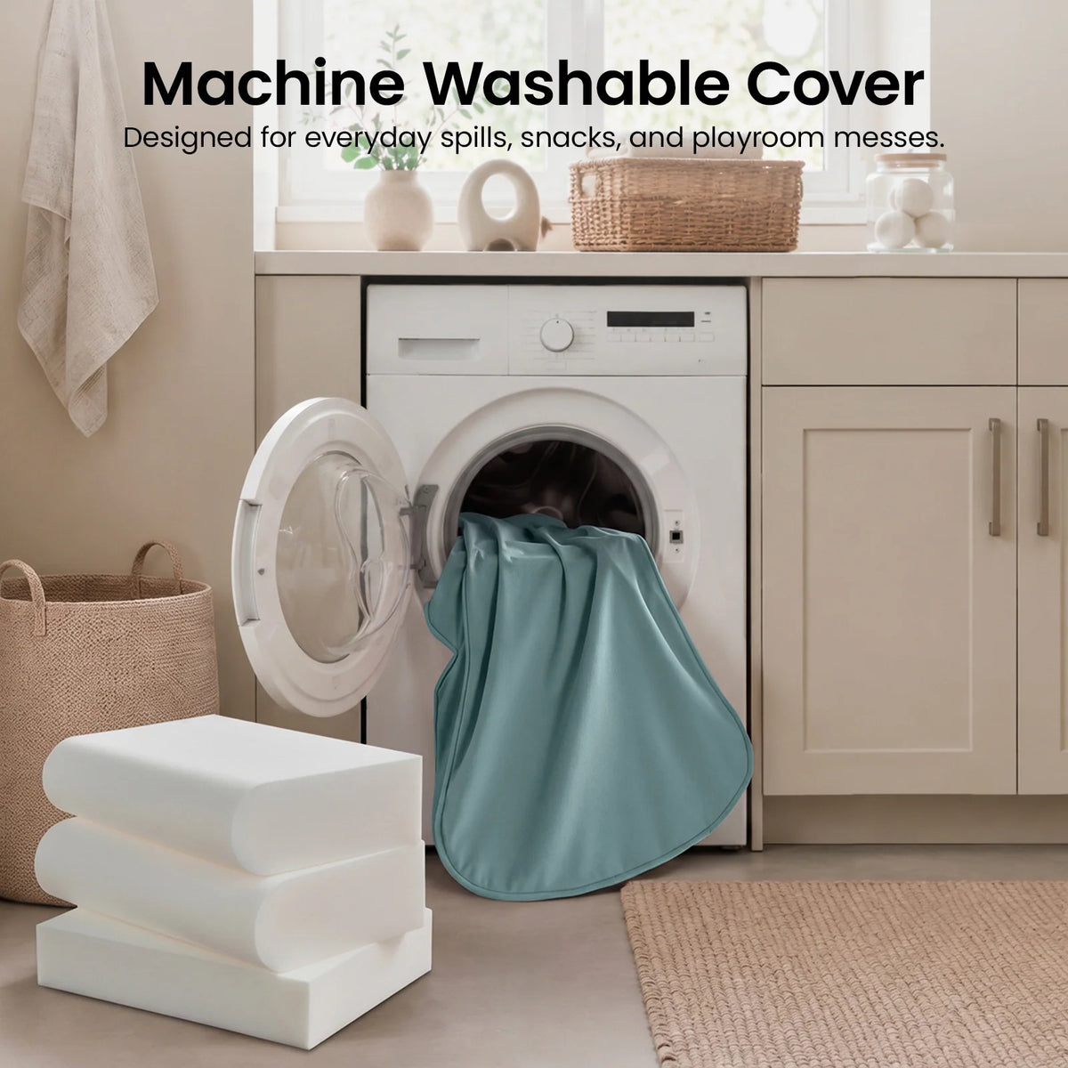 Tiny Land® kids sofa chair removable teal cover beside a washing machine