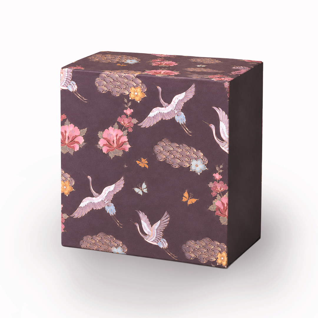 Cube gift box in dark brown with cranes, flowers, and cloud motifs, “mela” print