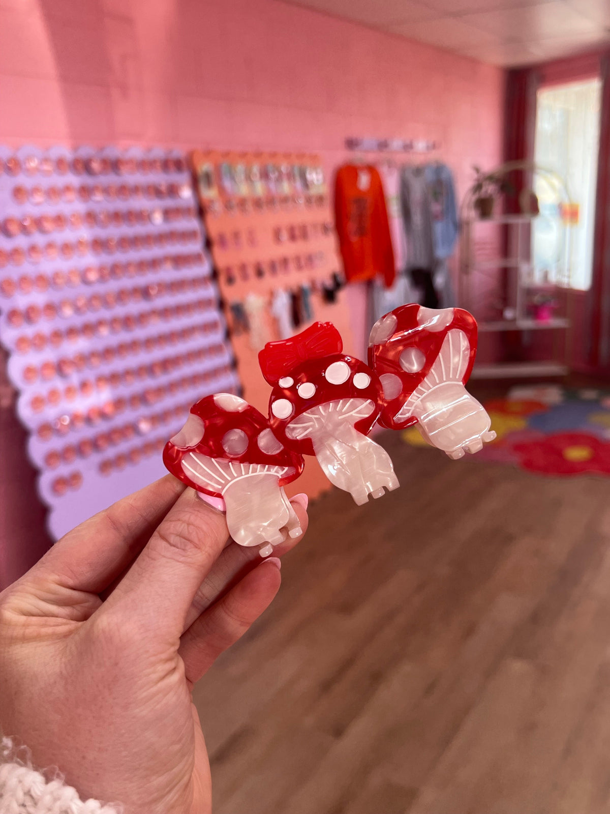 Red mushroom hair claws set of three with white polka-dot caps