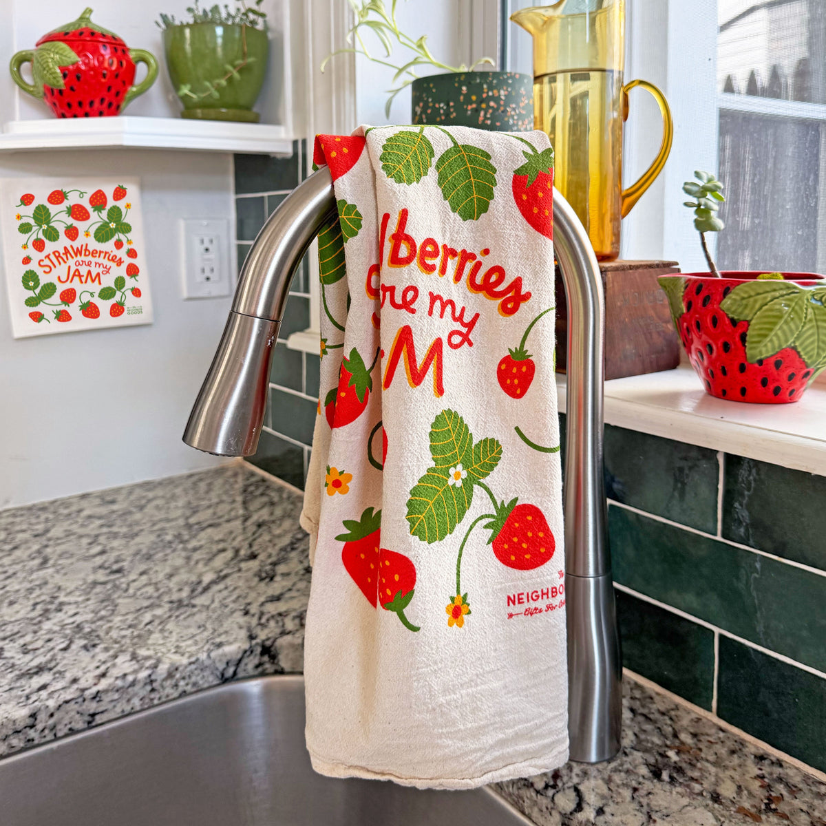 Cream hand towel with strawberry vine pattern and “Berries are my M’”
