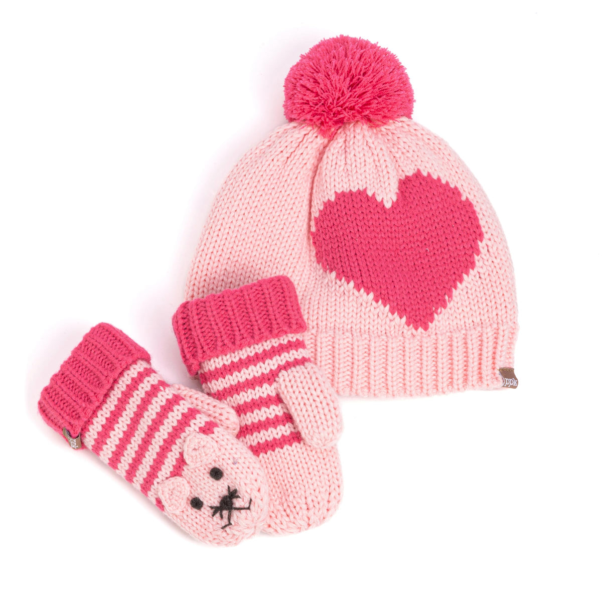 Pink knitted winter hat and animal mittens set with heart motif and pom-pom