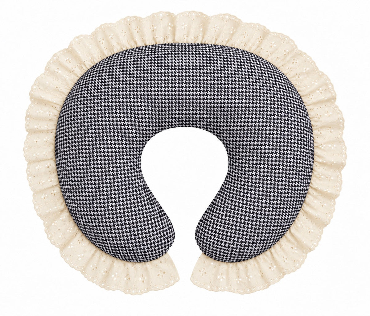 Nursing pillow cover with black and white houndstooth print and ivory eyelet lace ruffle